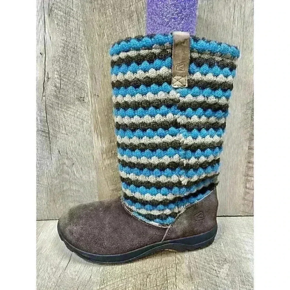 KEEN Girls Youth 3 Auburn Daphne 9641 Brown Suede Knit Winter Calf Boots Fleece - Picture 2 of 10
